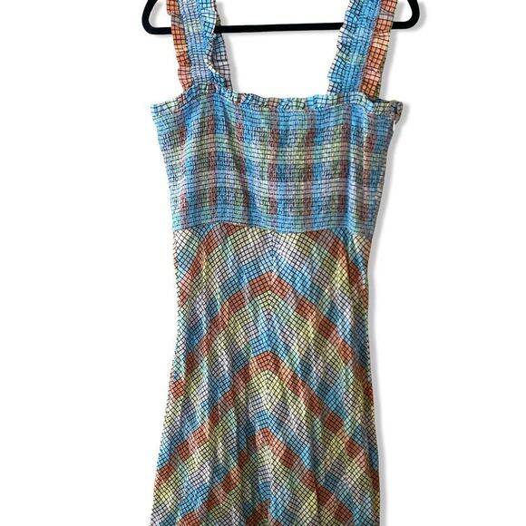GANNI SEERSUCKER CHECK SLEEVELESS MIDI DRESS smocked cotton summer 42 L - Picture 14 of 14